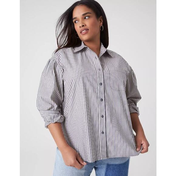 Lane Bryant Women's Relaxed Drop-Shoulder Striped Button-Down Shirt Size 20 Gray - Picture 1 of 10